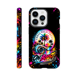 On Boost iPhone case featuring a colorful turbocharger and palm tree design with "Urban Palm Trees" text and paint splatter accents.