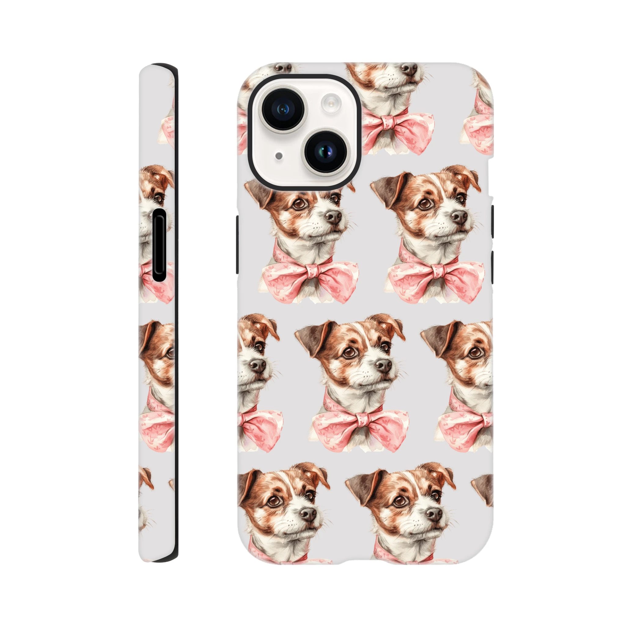 Cute dog head pattern phone case with pink bow for iPhone 16/15/14/13, dual-layer protective wraparound print