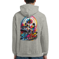 Grey men's hoodie featuring a colorful back print of a lowered car, palm trees, and "Static" text for petrolhead streetwear.