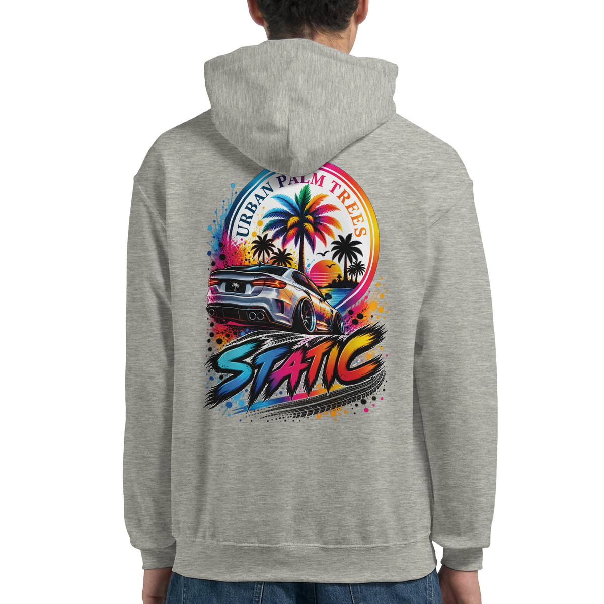 Grey men's hoodie featuring a colorful back print of a lowered car, palm trees, and "Static" text for petrolhead streetwear.