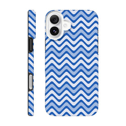Blue & white retro chevron iPhone case featuring a glossy zigzag wraparound print and tough dual-layer shock absorption.