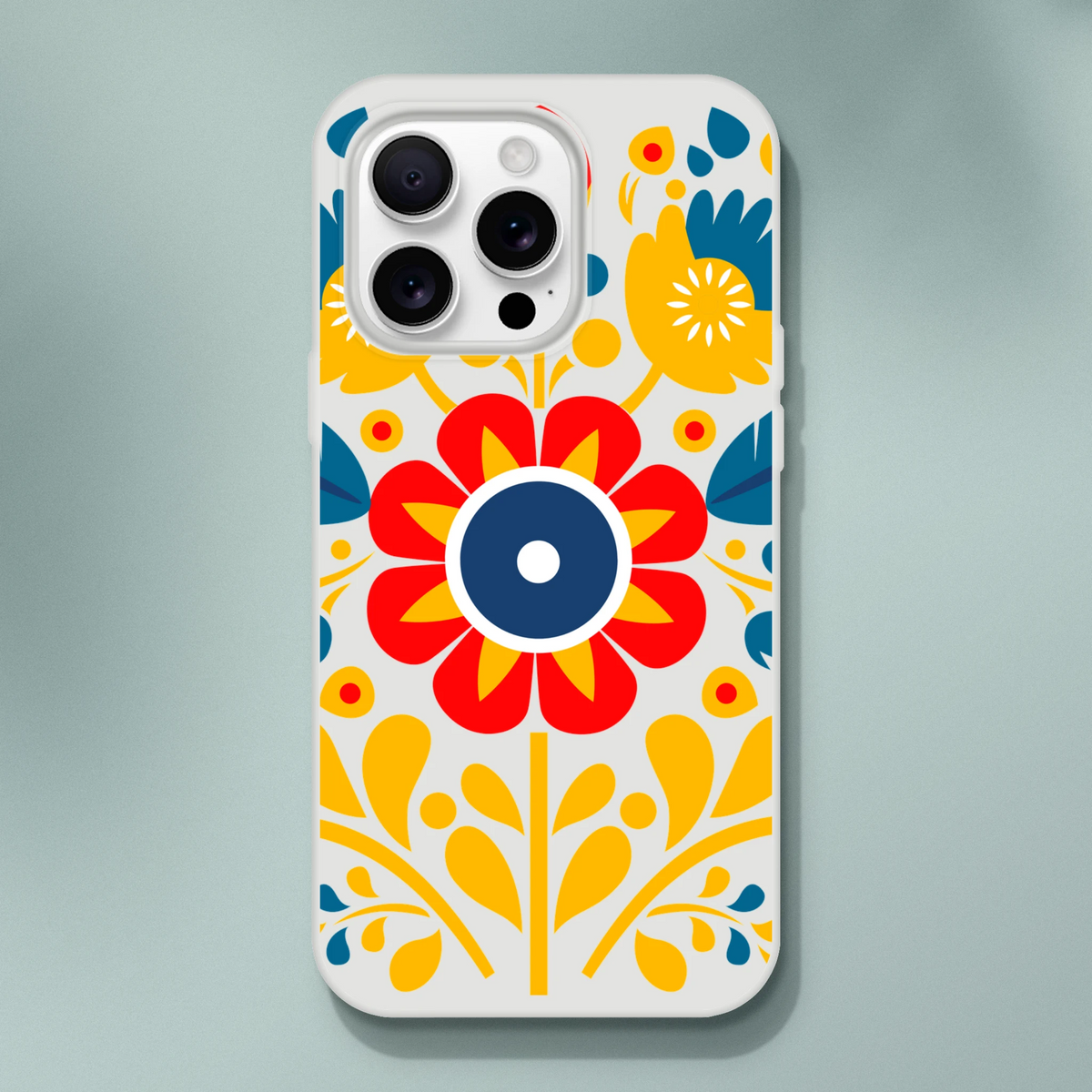 Frosty transparent floral phone case for iPhone 13-16, slim protective, flexible shell with bold colorful blooms.