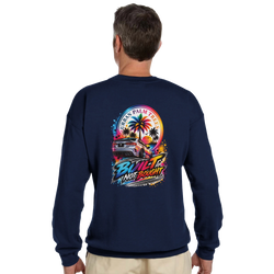 Navy Built Not Bought car sweatshirt featuring graphic of modified sedan, palm trees, and Urban Palm Trees text.