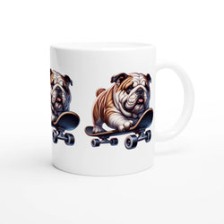 Skateboarding Bulldog mug featuring glossy white ceramic with a vivid bulldog on a skateboard; perfect gift for him.