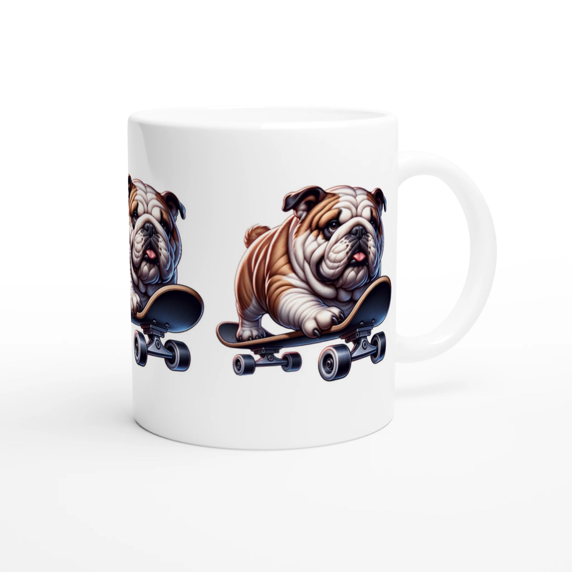 Skateboarding Bulldog mug featuring glossy white ceramic with a vivid bulldog on a skateboard; perfect gift for him.