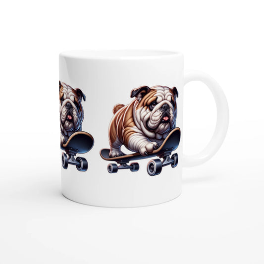 Skateboarding Bulldog mug featuring glossy white ceramic with a vivid bulldog on a skateboard; perfect gift for him.