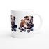 Skateboarding Bulldog mug featuring glossy white ceramic with a vivid bulldog on a skateboard; perfect gift for him.