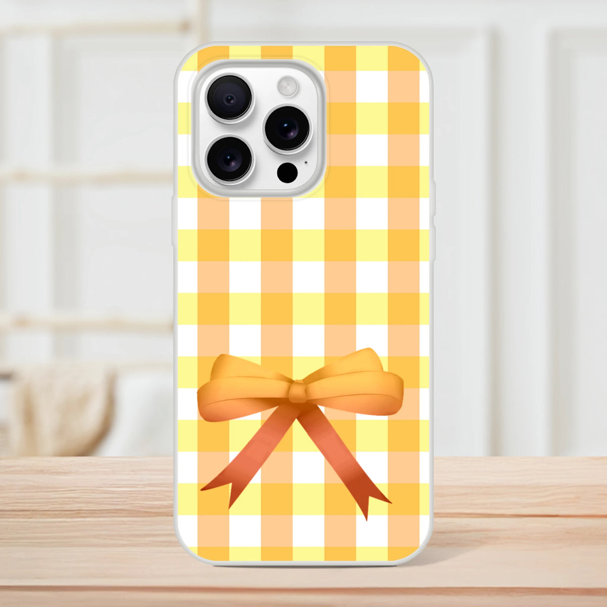 Yellow gingham bow iPhone case (13-15) in cute coquette aesthetic.
