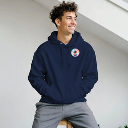 Man wearing navy blue retro music hoodie featuring a colorful Urban Palm Trees graphic on the chest and a front pouch pocket.