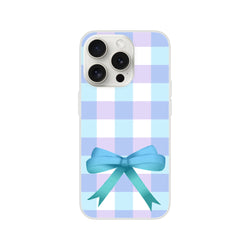 Pastel blue gingham bow iPhone case for iPhone 13-16, cute coquette aesthetic with pastel check pattern.