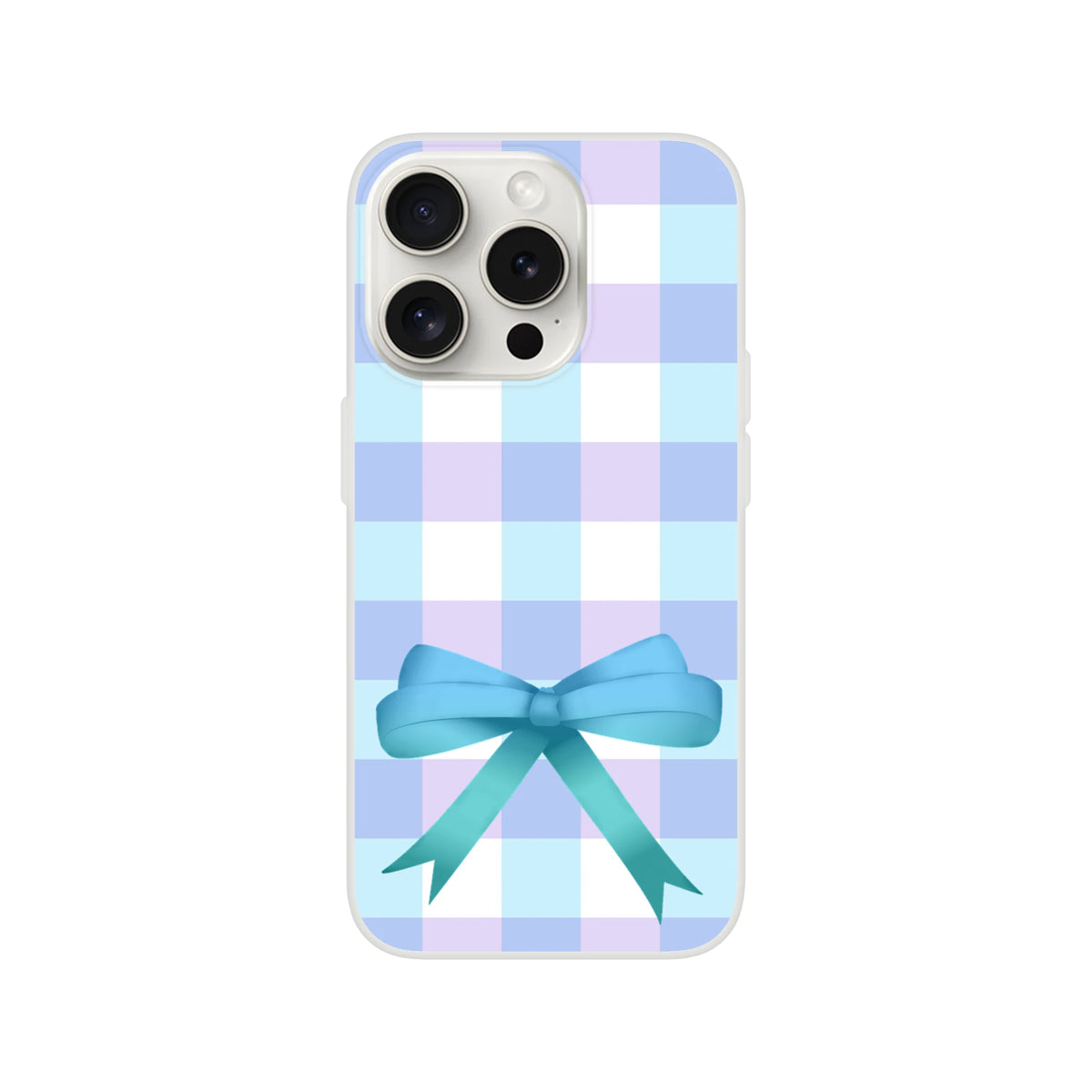 Pastel blue gingham bow iPhone case for iPhone 13-16, cute coquette aesthetic with pastel check pattern.