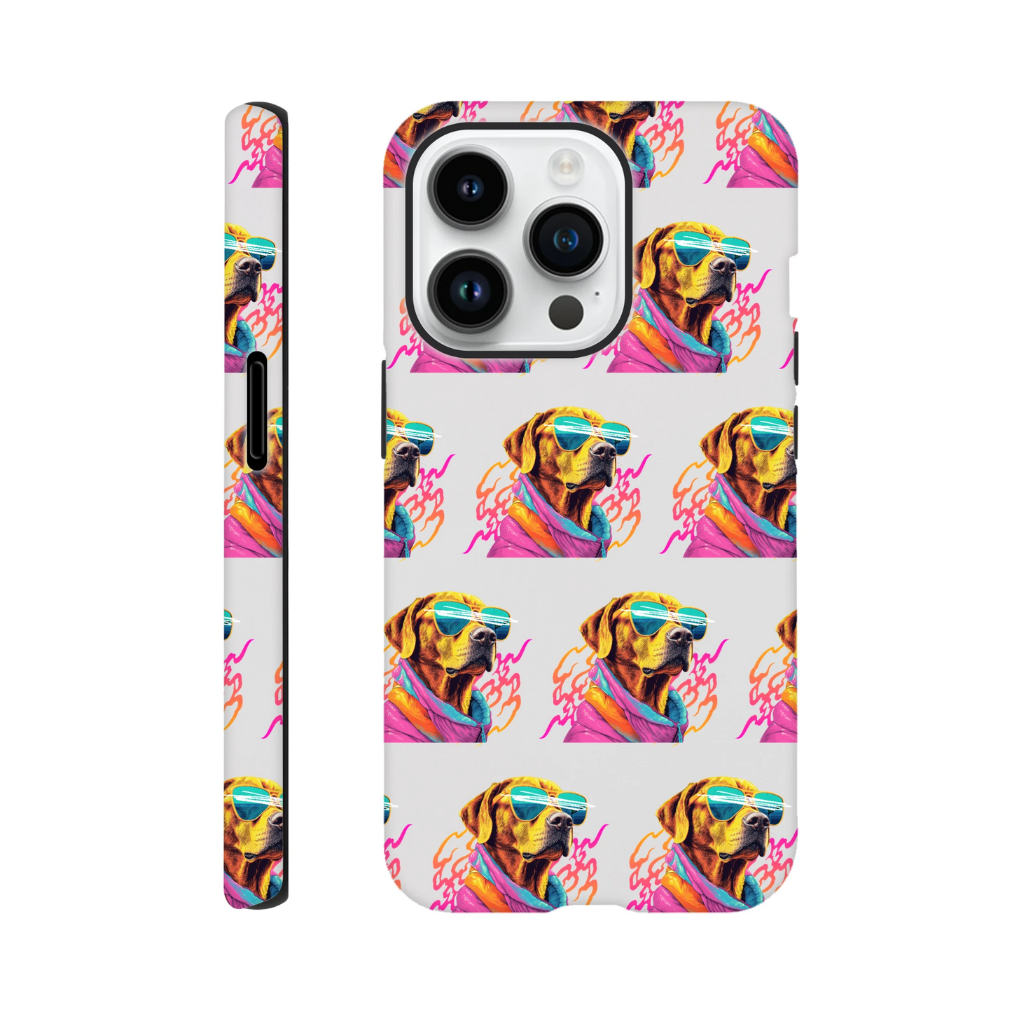 Glossy dual-layer iPhone case with a repeating dog wearing sunglasses wraparound print for iPhone 16/15/14/13.