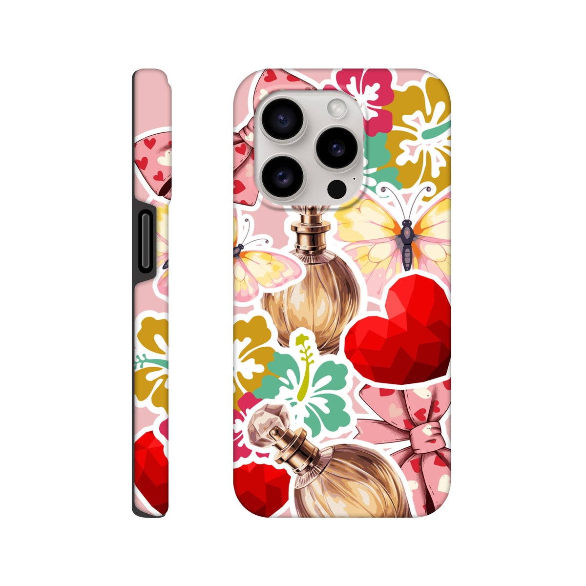 Tough iPhone case featuring pink floral stickers, butterfly graphics, vintage perfume bottles, and a red heart for a trendy streetwear look.