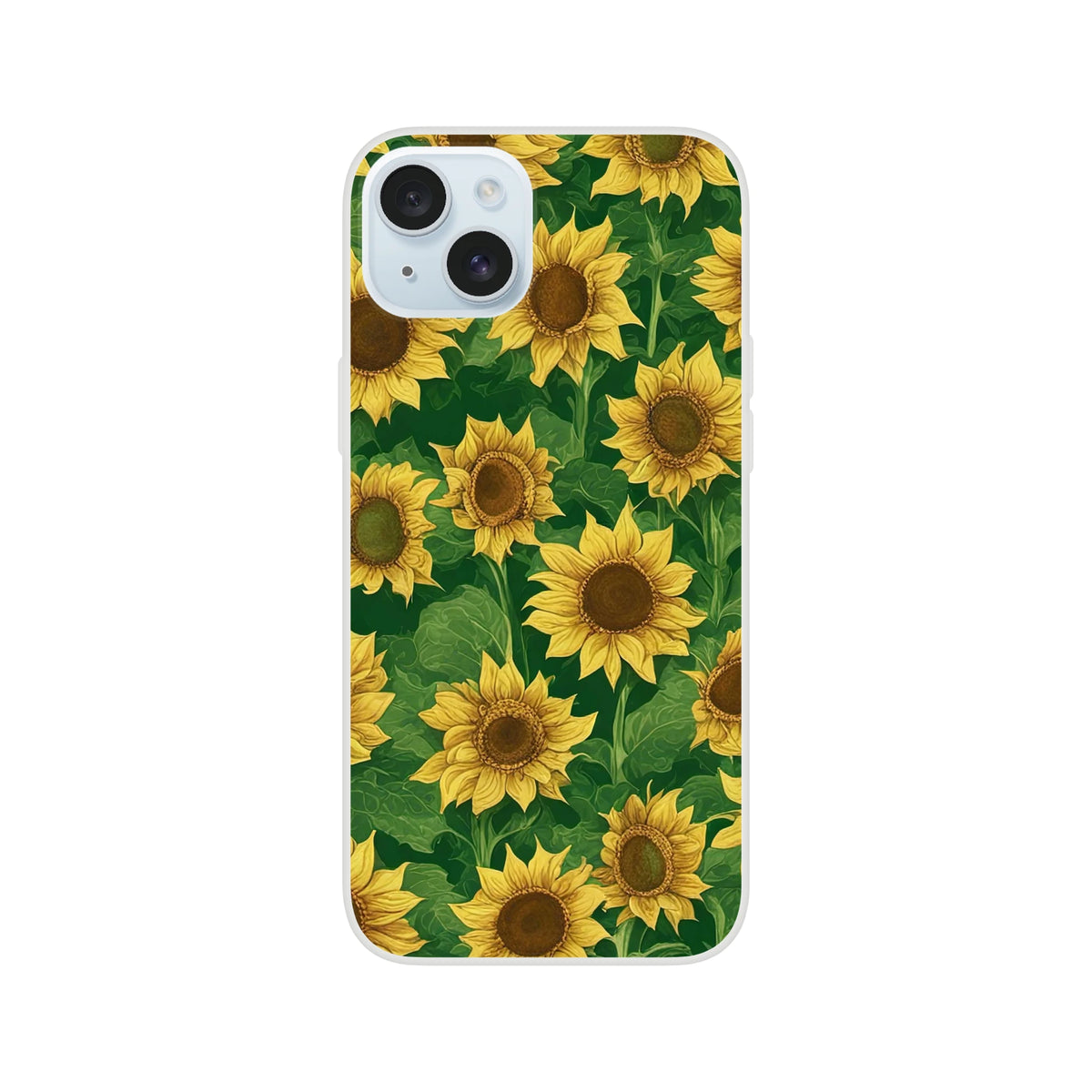 Sunflower botanical iPhone case for 13-16, yellow blooms on green leaves