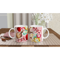 Retro ceramic coffee mug featuring a coquette pink bow, floral pattern, and vintage perfume bottle design on a checkered placemat.