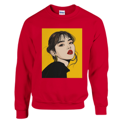 Red men's sweatshirt featuring a Pop Art woman portrait with yellow background, bold red lips, and gold hoop earrings.