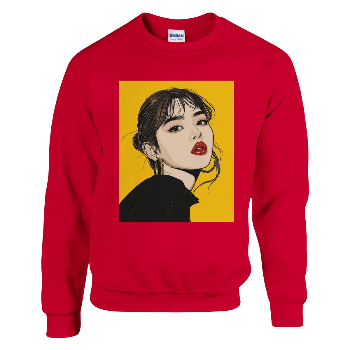 Red men's sweatshirt featuring a Pop Art woman portrait with yellow background, bold red lips, and gold hoop earrings.