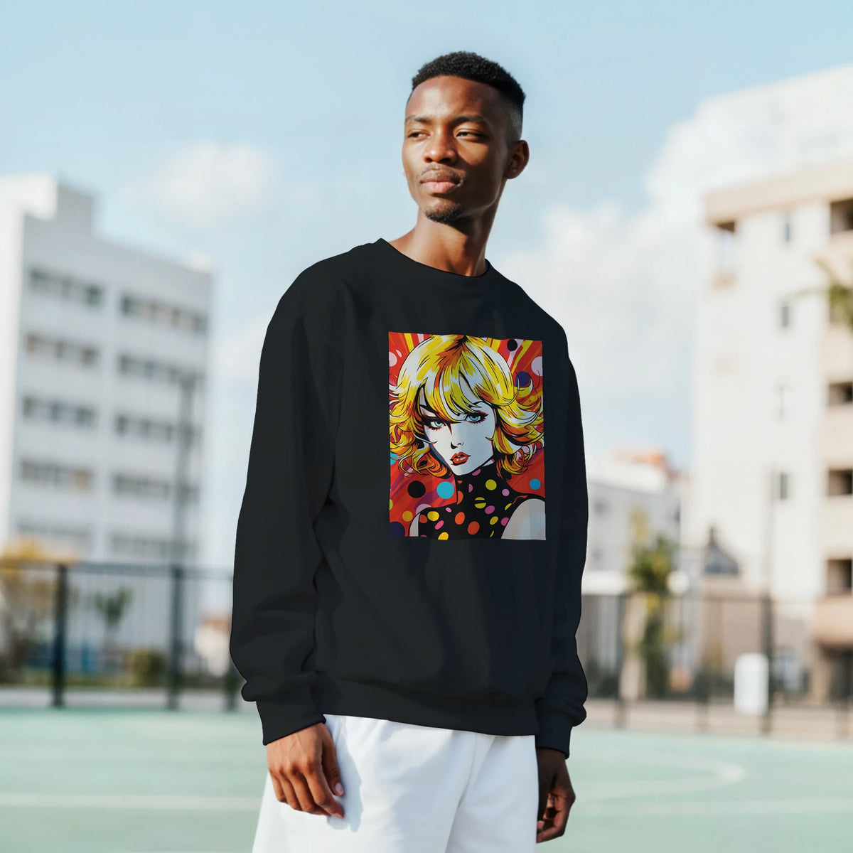 Man wearing black sweatshirt featuring bold pop art woman graphic with comic-style blonde hair and colorful polka dots.