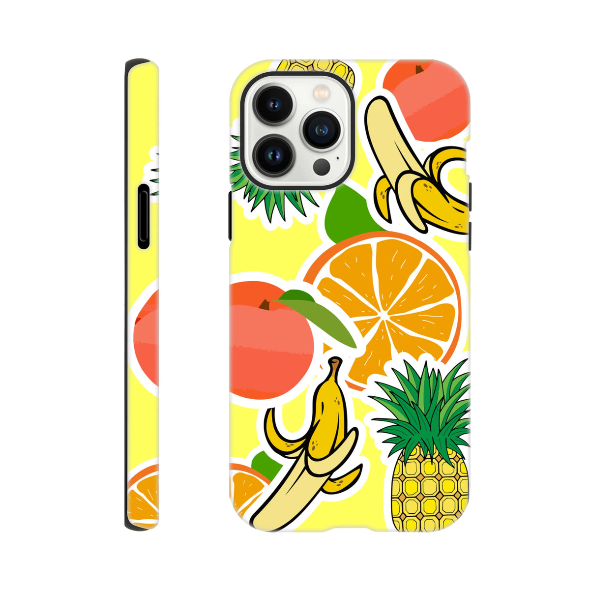 Yellow tough iPhone case featuring bold sticker-style graphics of oranges, bananas, and pineapples on a bright background.