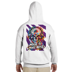 White men's hoodie featuring colorful retro skull graphic with headphones and "Made to Make Noise" back print.