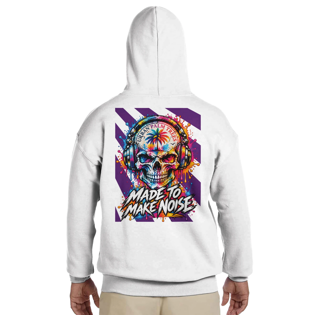 White men's hoodie featuring colorful retro skull graphic with headphones and "Made to Make Noise" back print.