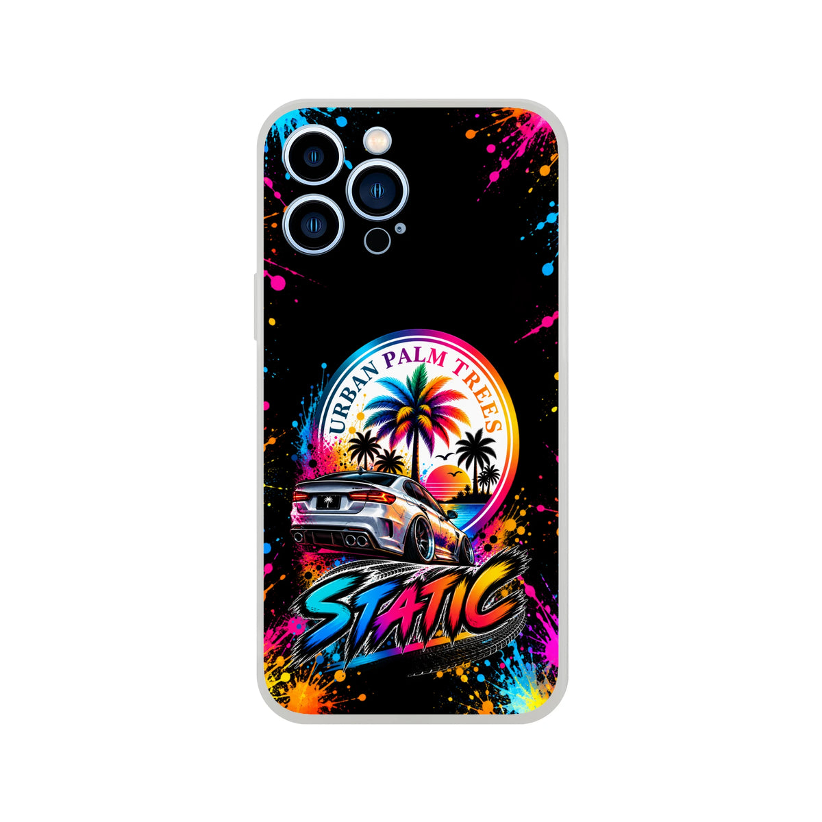 Vibrant Static Slammed car culture iPhone case featuring a lowrider, neon palm trees, and colorful paint splatter art on black.