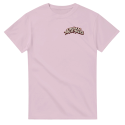 Pink Urban Palm Trees crew neck t-shirt featuring retro retro casino graphic back print design for men streetwear.