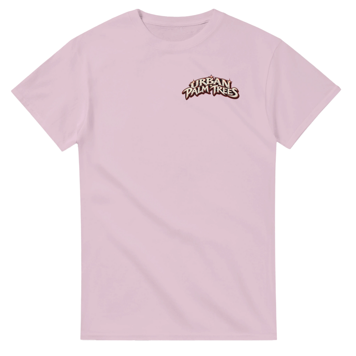 Pink Urban Palm Trees crew neck t-shirt featuring retro retro casino graphic back print design for men streetwear.