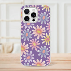 Retro pastel daisy iPhone case with purple background and colorful petals for iPhone 13-16.