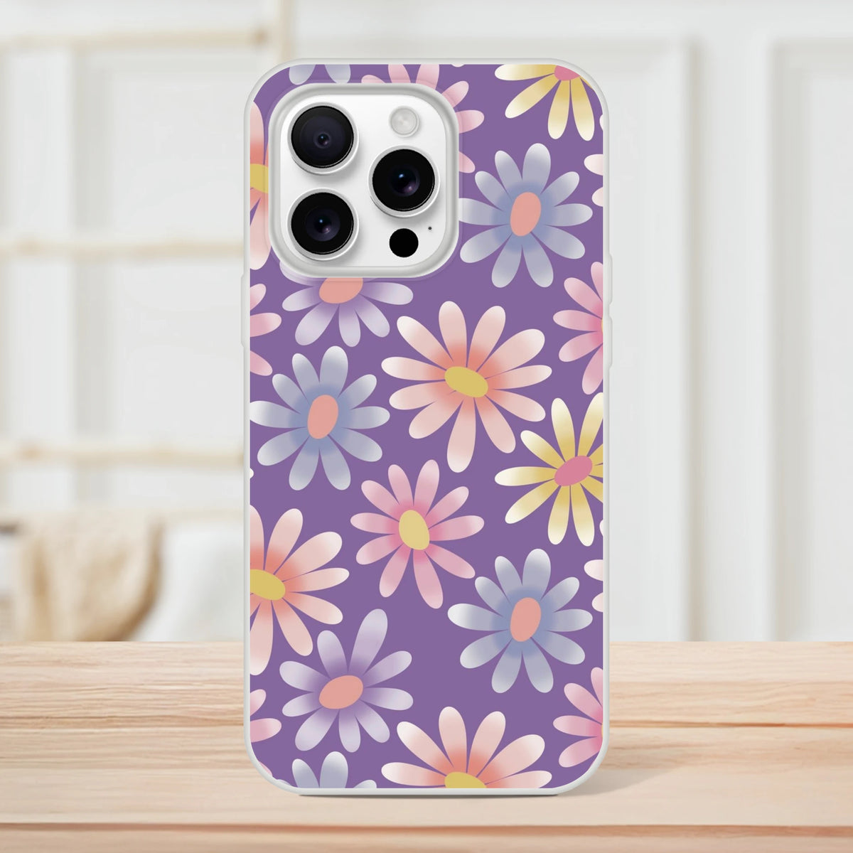 Retro pastel daisy iPhone case with purple background and colorful petals for iPhone 13-16.