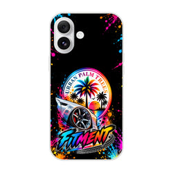 Fitment Stance iPhone case with lowered car, Urban Palm Trees sunset graphic, and colorful paint splatter design.
