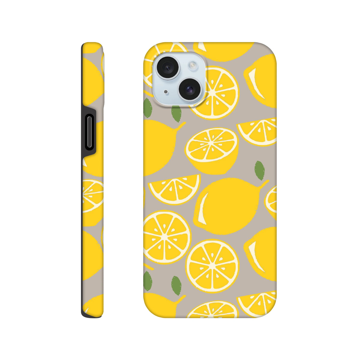 Yellow lemon pattern tough iPhone case with citrus design and drop guard protection for city life.