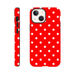 Red and white polka dot tough iPhone case with dual-layer TPU shell for drop protection, featuring a glossy wraparound print on iPhone 13-16 models.