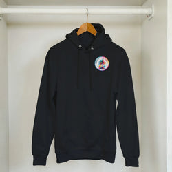 Black women's cowgirl hoodie featuring a colorful Urban Palm Trees tropical retro graphic on the chest and a classic double-lined hood.
