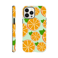 Cute orange fruit pattern phone case with green leaves on mint background. Tough citrus iPhone cover with reinforced bumpers for drop protection.