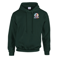 Dark green pullover hoodie featuring a colorful Urban Palm Trees Full Send palm tree logo on the chest and a front pouch pocket.