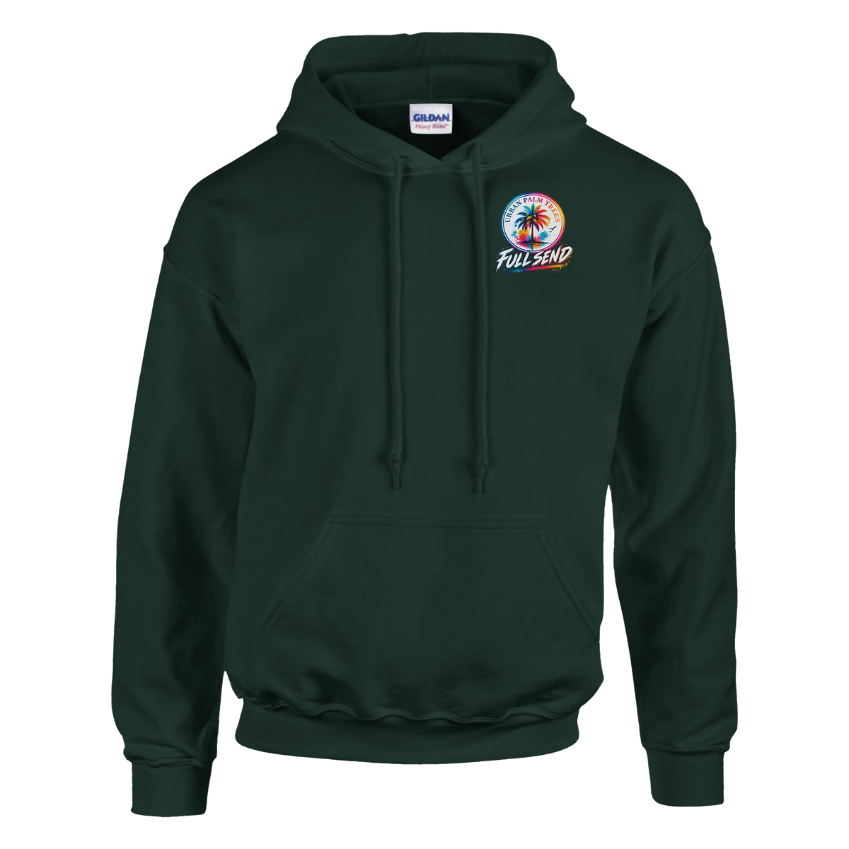 Dark green pullover hoodie featuring a colorful Urban Palm Trees Full Send palm tree logo on the chest and a front pouch pocket.