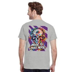Men's grey t-shirt back print featuring colorful skull with headphones and Made To Make Noise retro graphic art.