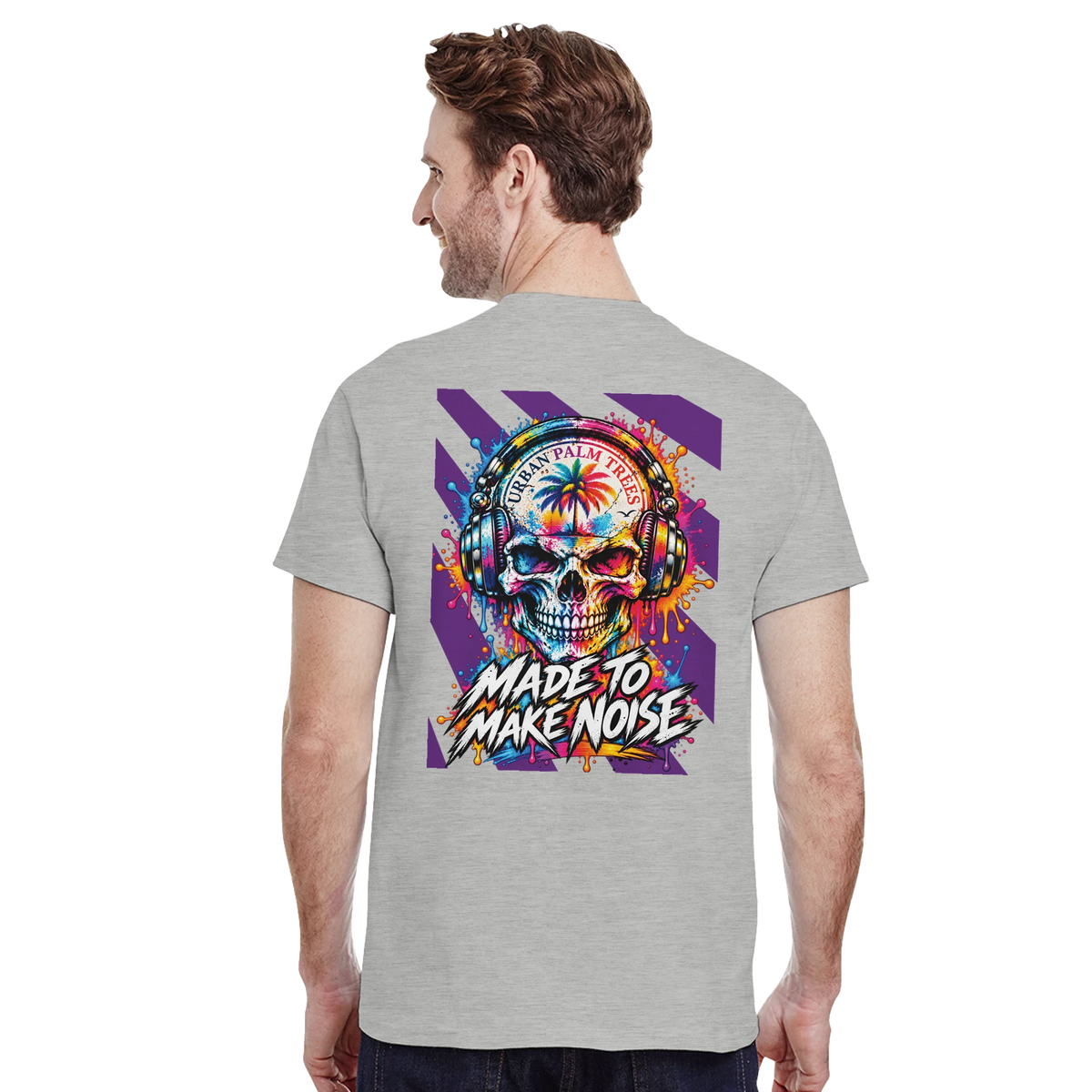 Men's grey t-shirt back print featuring colorful skull with headphones and Made To Make Noise retro graphic art.