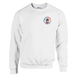 White crewneck sweatshirt featuring a colorful retro "Urban Palm Trees" circle logo on the chest with vibrant palm tree and sunset graphics.