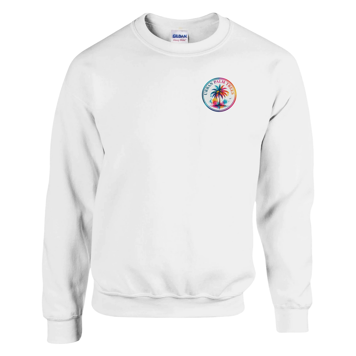 White crewneck sweatshirt featuring a colorful retro "Urban Palm Trees" circle logo on the chest with vibrant palm tree and sunset graphics.