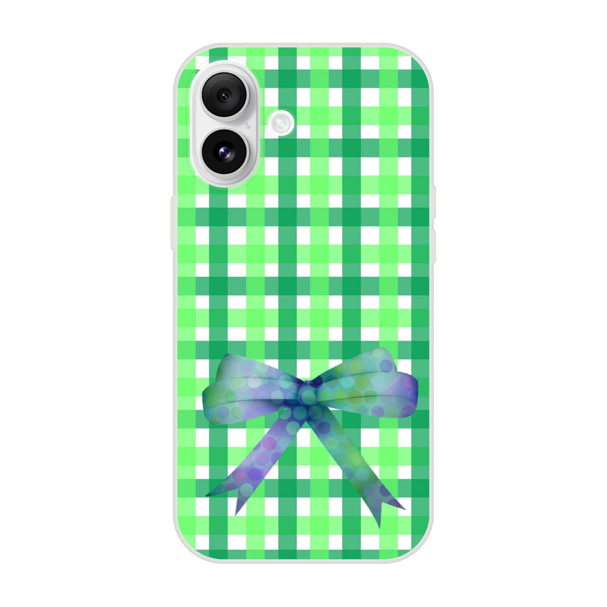 Green Gingham Bow iPhone Case (13-16) with frosty transparent TPU and printed bow, cute coquette aesthetic.