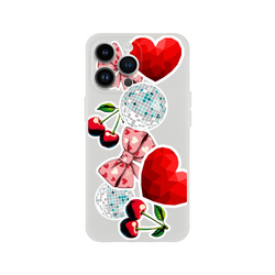 Transparent iPhone case with Y2K cherry bows, disco balls, and red geometric heart stickers for a glossy, club-ready aesthetic.