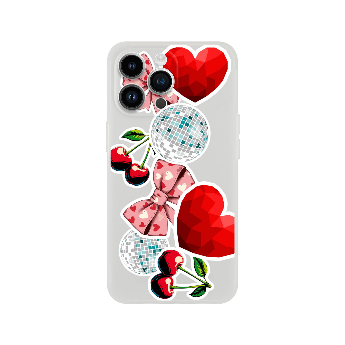 Transparent iPhone case with Y2K cherry bows, disco balls, and red geometric heart stickers for a glossy, club-ready aesthetic.