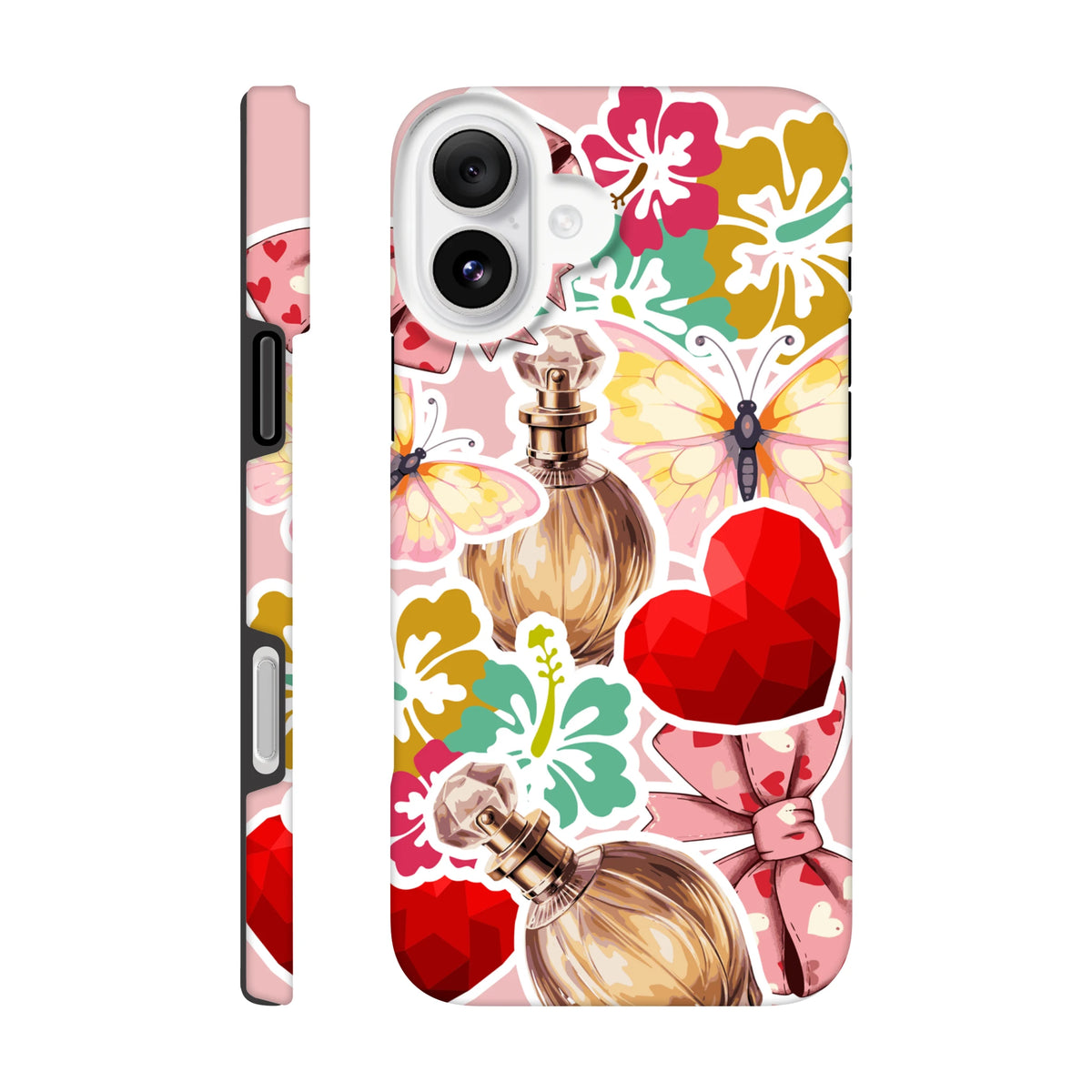 Pink floral perfume sticker iPhone case with butterfly, red heart, and bow graphic. Tough protective cover.