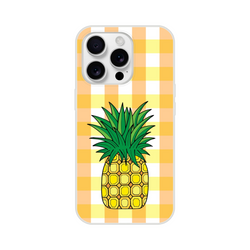 Cute pineapple gingham iPhone case for 13-16, yellow checkered pattern with pineapple illustration.