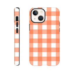 Retro orange and white gingham tough iPhone case with shock-absorbing design for models 13-16.