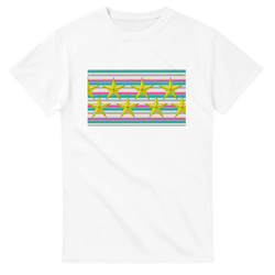 White women's T-shirt with pastel stripe panel and gold star graphic.