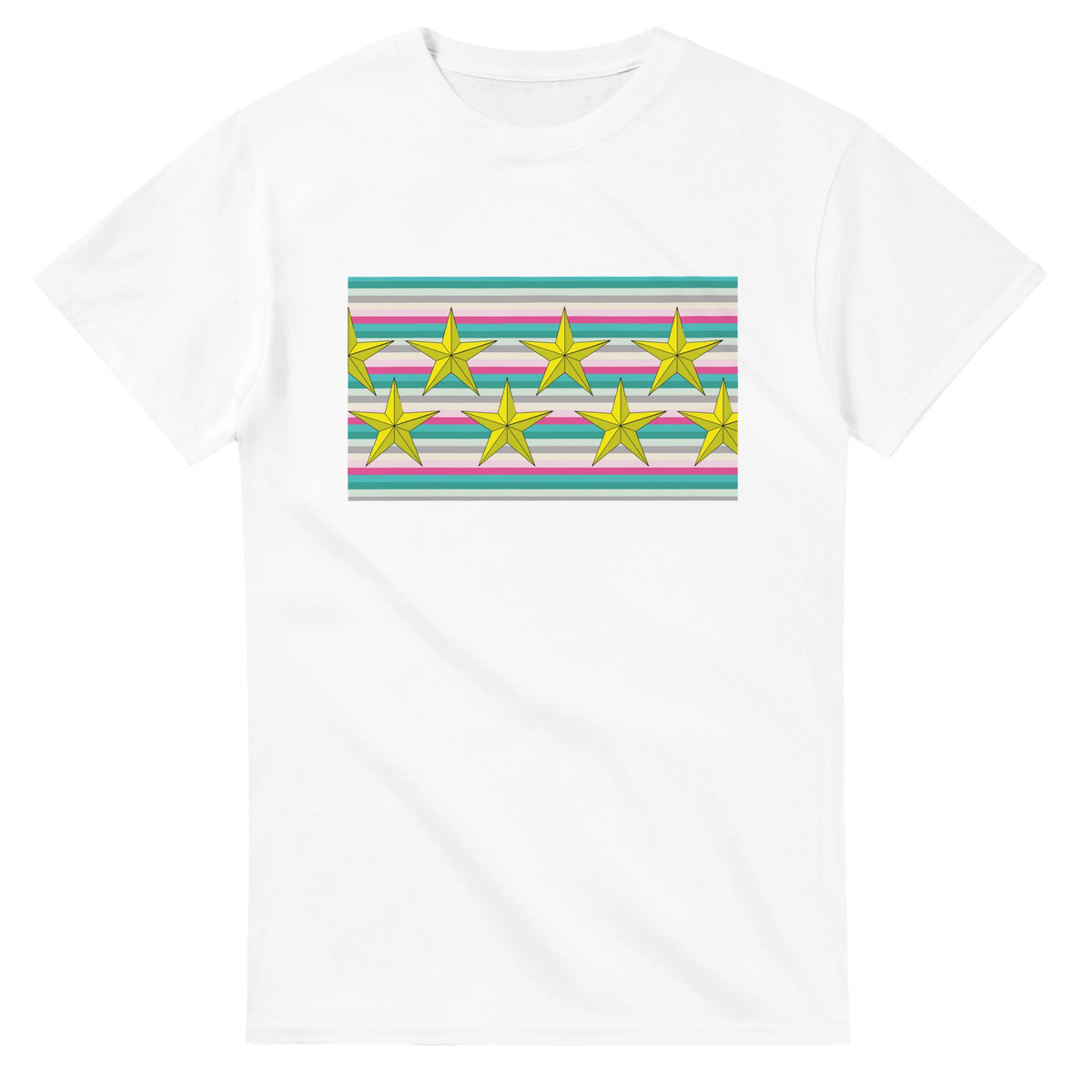 White women's T-shirt with pastel stripe panel and gold star graphic.