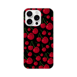 Red cherry iPhone case featuring a retro fruit pattern on a black background with a slim matte finish and shock-absorbing TPU protection.